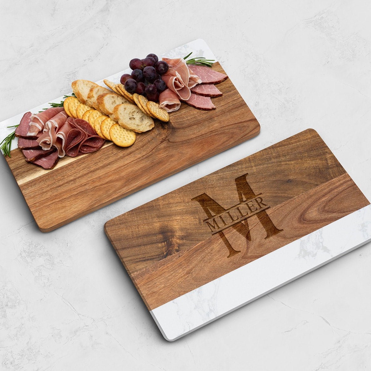 Trieste Personalized Marble Cutting Board - White Marble and Acacia Wood Cheese Board 16 x 9 x 1 inch