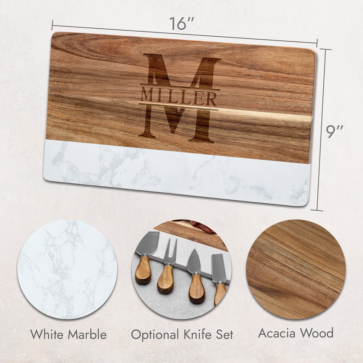 Trieste Personalized Marble Cutting Board - White Marble and Acacia Wood Cheese Board 16 x 9 x 1 inch