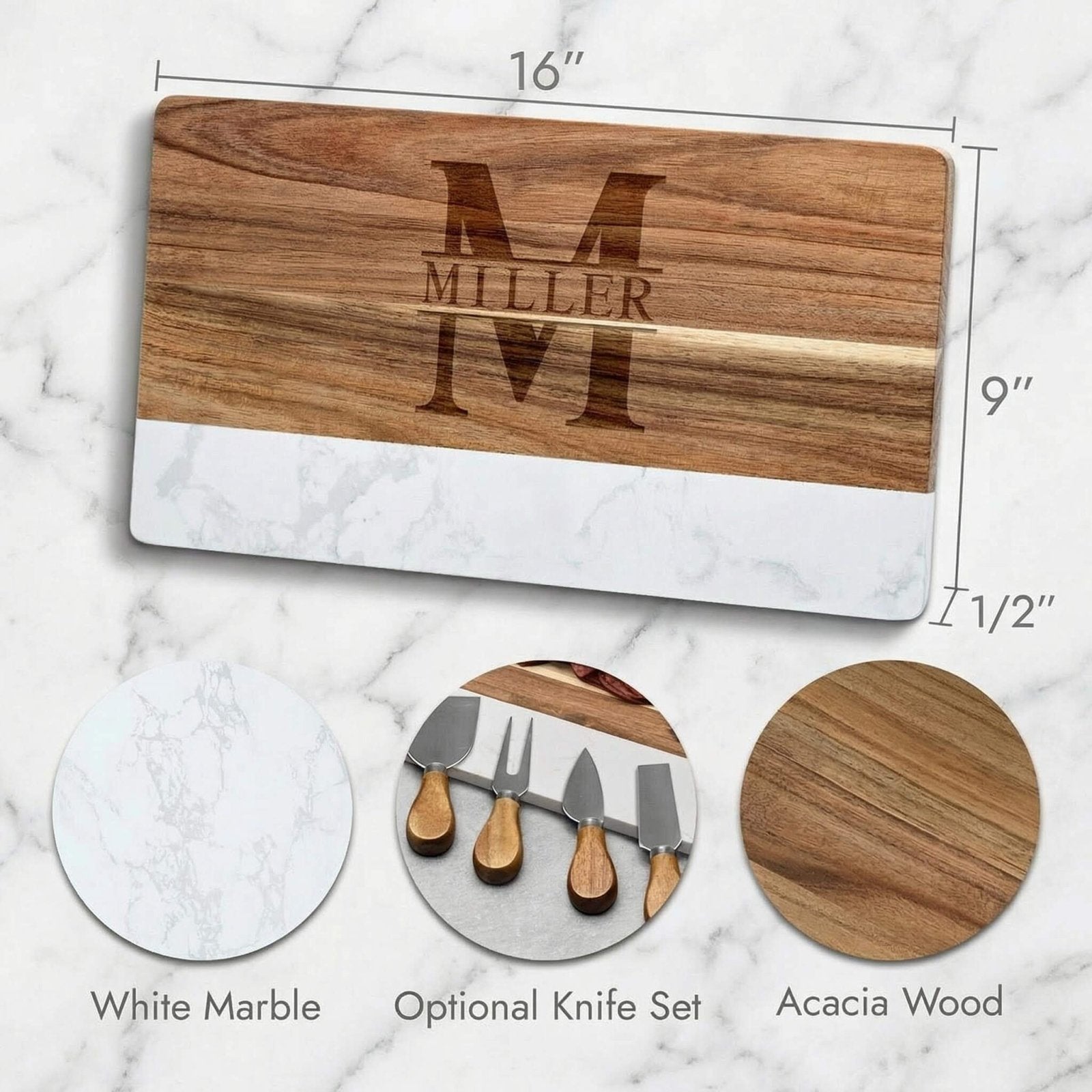 Trieste Personalized Marble Cutting Board - White Marble and Wood Charcuterie Board for Cheese 16 x 9 x 1/2 inch