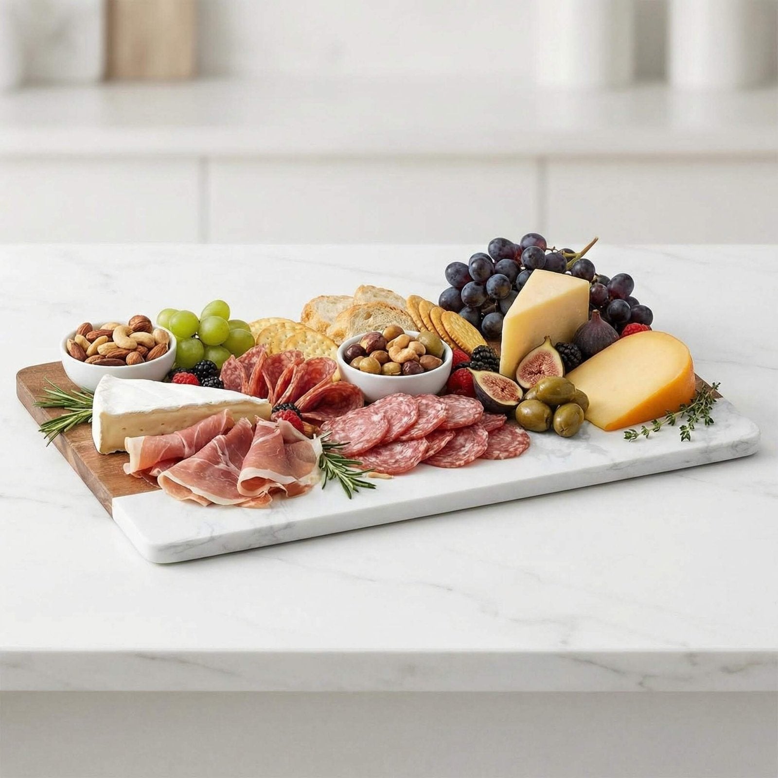 Trieste Personalized Marble Cutting Board - White Marble and Wood Charcuterie Board for Cheese 16 x 9 x 1/2 inch