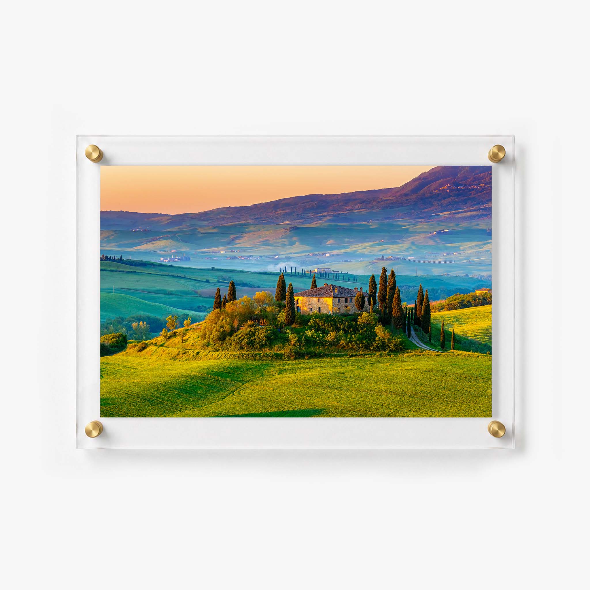 Acrylic wall art of rolling Tuscan hills with a stone villa