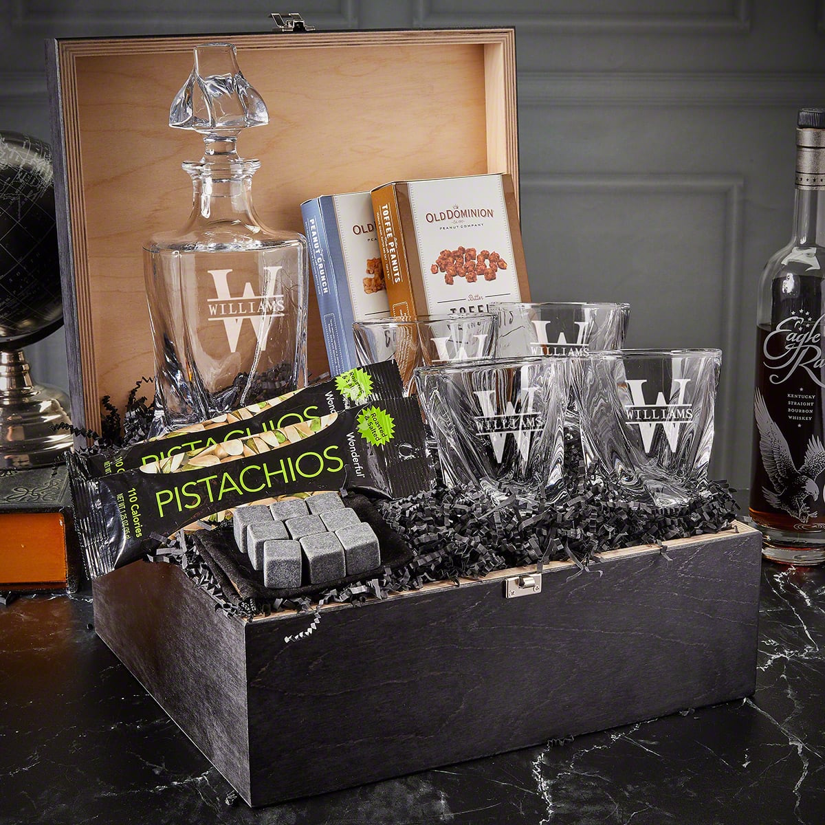 Twist Custom Bourbon Decanter Set with Snacks - Black Ebony Box 11pc