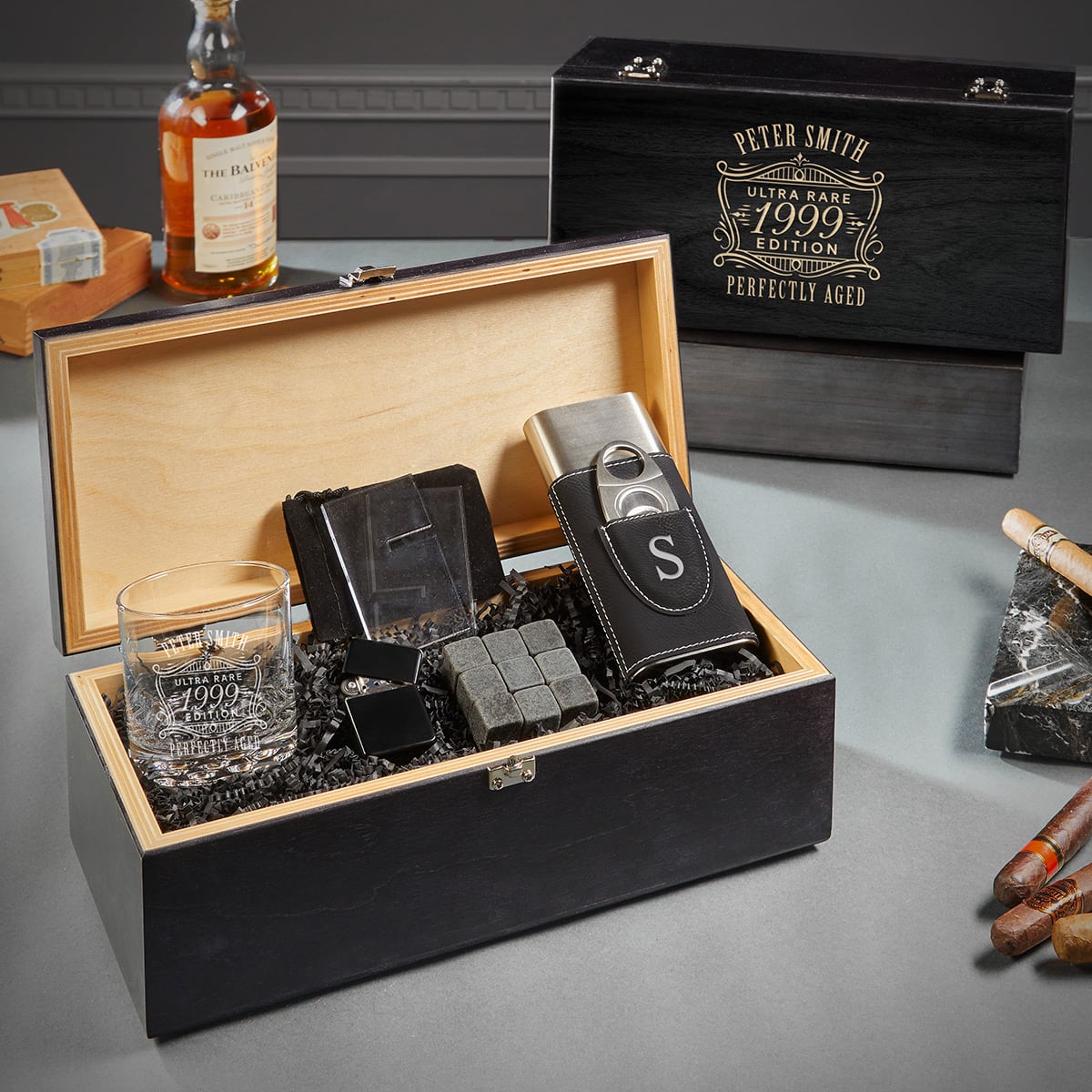 Ultra Rare Edition Custom Whiskey Glasses and Cigar Gift Set - 7pc Ebony Black Boxed