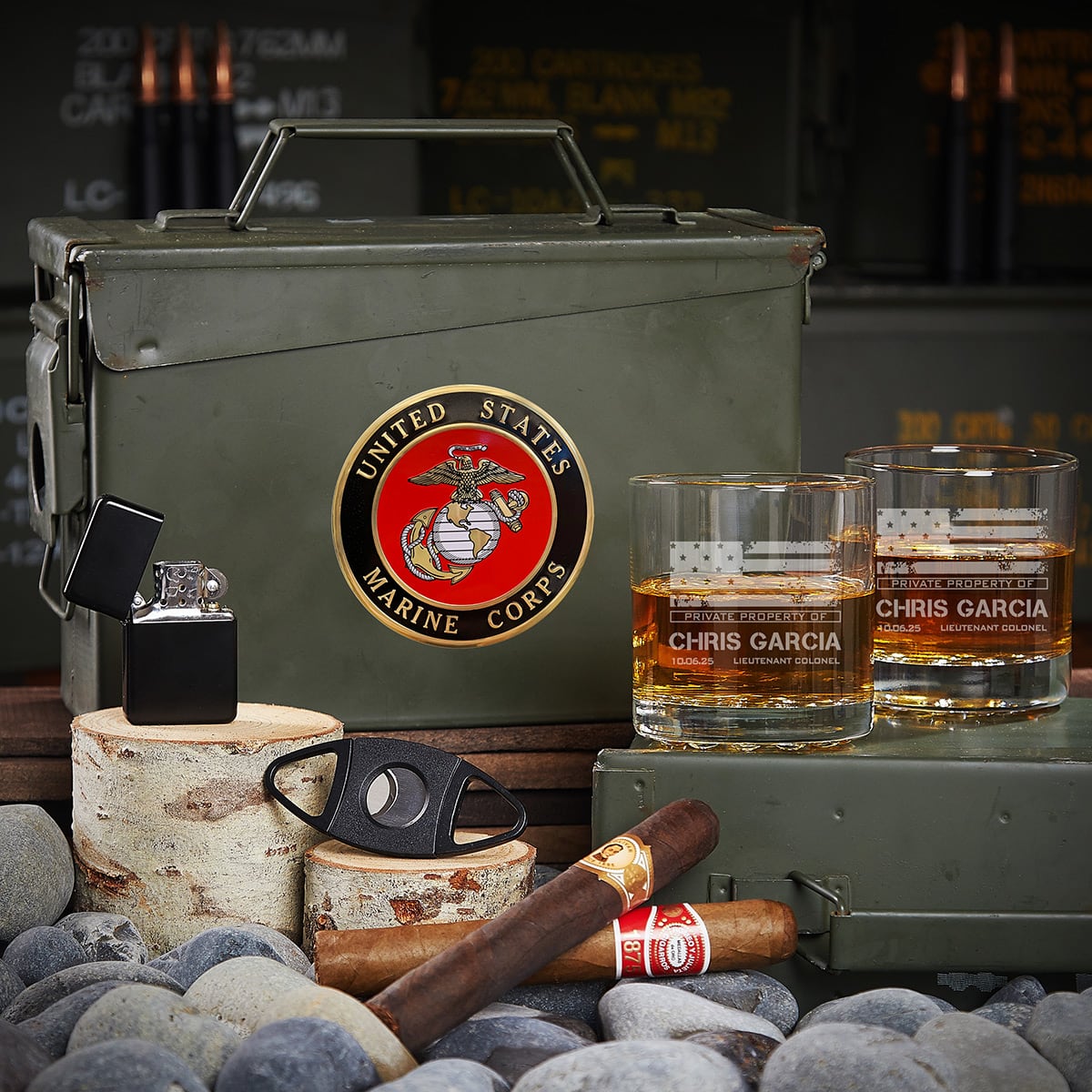 US Marine Corps Custom Whiskey & Cigar Ammo Can Gift Set