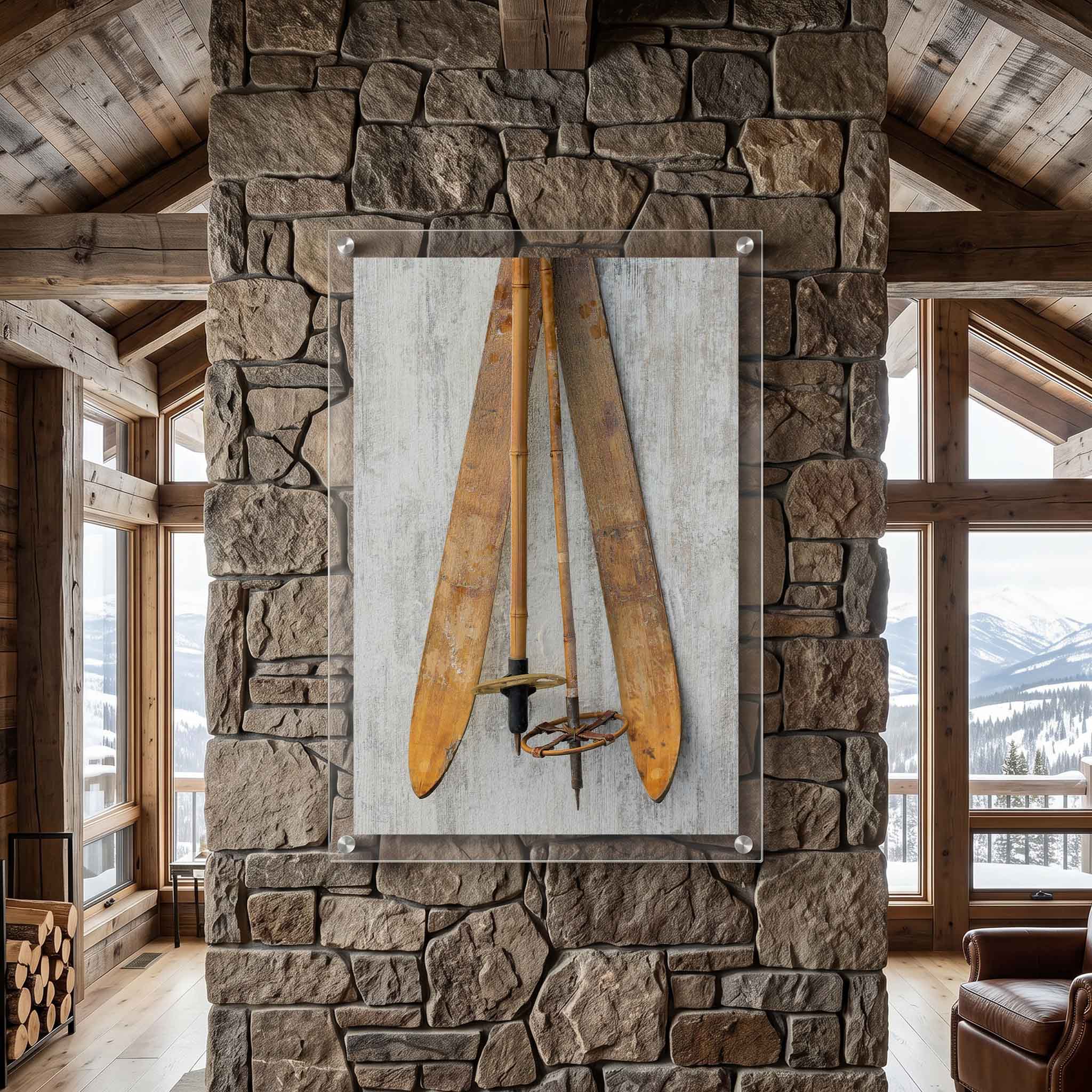 Rustic ski wall art showing antique wooden skis displayed in a cozy cabin