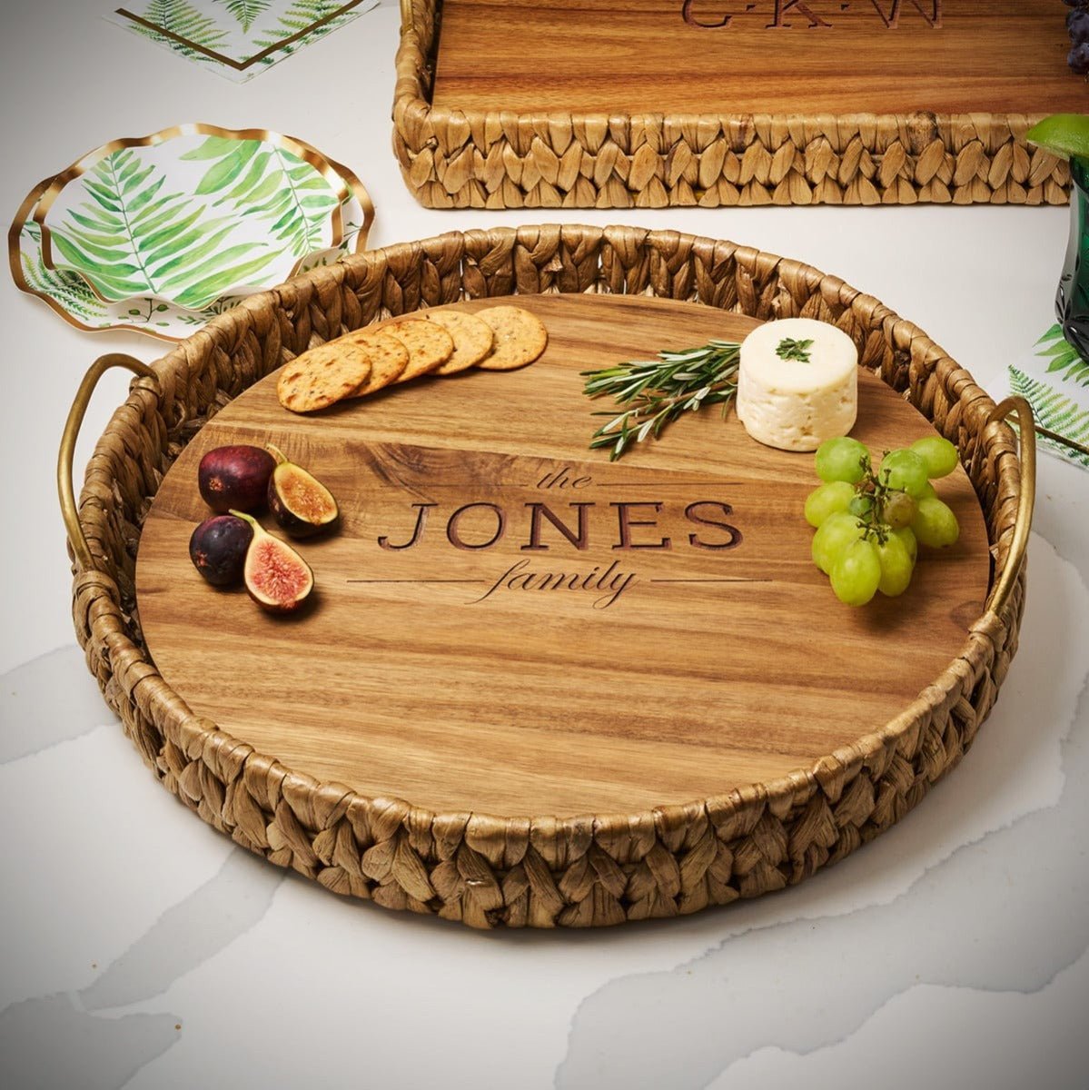 Water Hyacinth Personalized Serving Tray with Gold Metal Handles