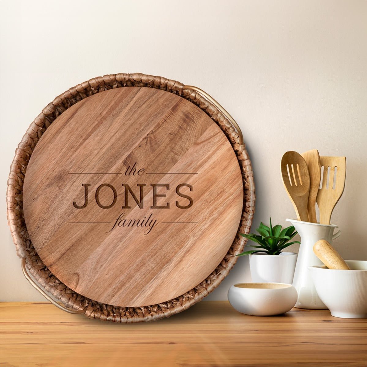 Water Hyacinth Personalized Serving Tray with Gold Metal Handles