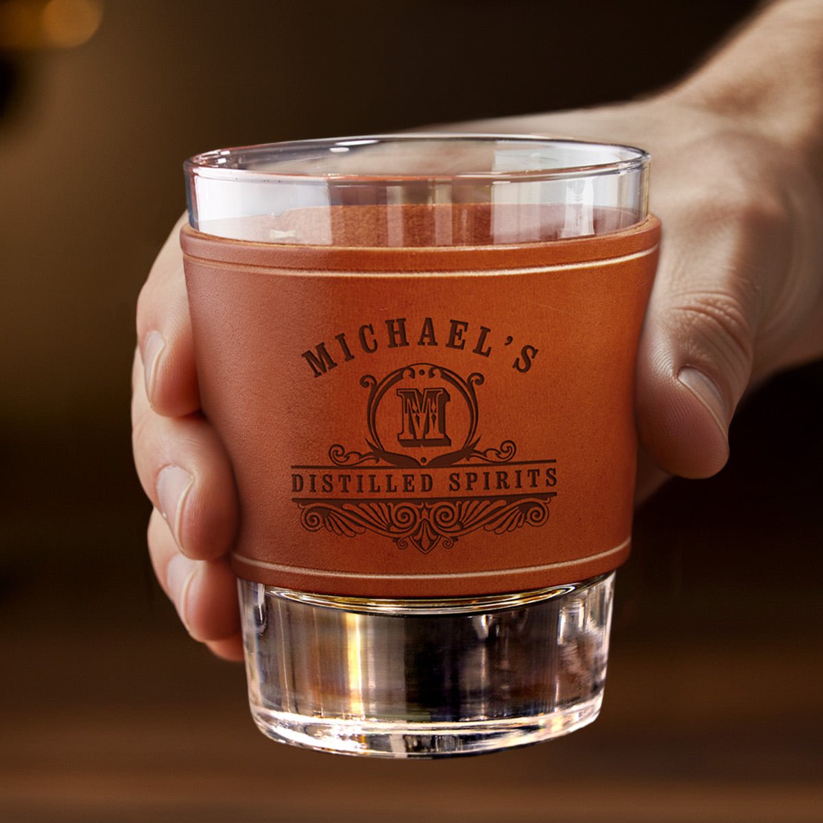 Whiskey Glasses with Personalized Leather Wrap, Set of 4