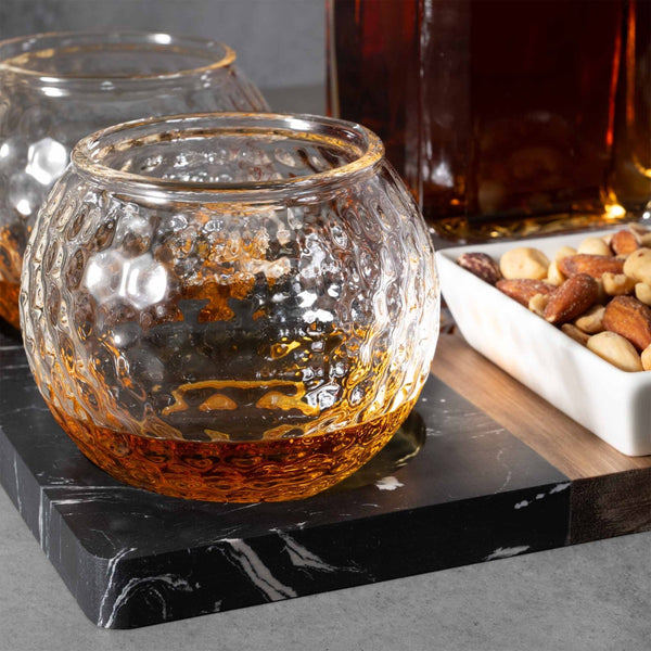 Whiskey Golf Set - Serving Tray w/ Decanter & Golf Ball Glasses close up shot