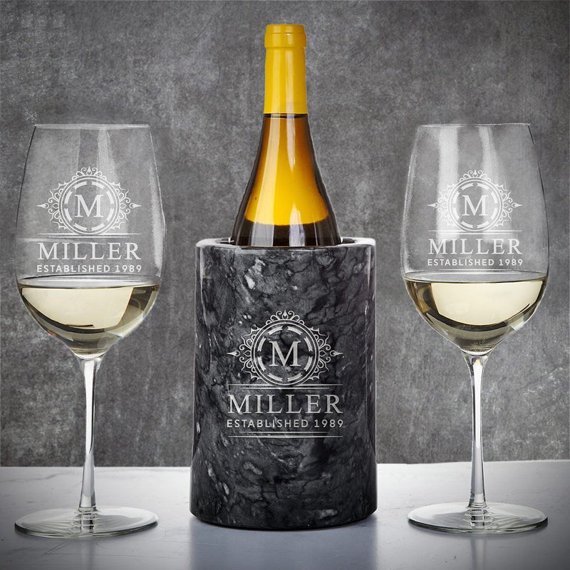 Personalized Marble Wine Chiller, Black with Custom Wine Glasses