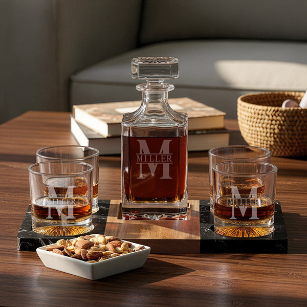 Winslow Serving Marble Tray w/ Bowl, Decanter and Churchill glasses with nuts in a living room setting