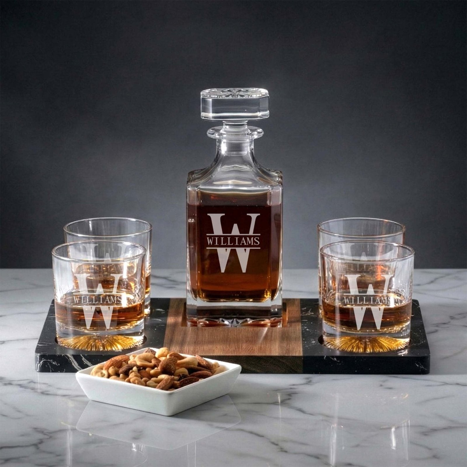 Winslow Marble Serving Tray w/ Whiskey Decanter & Churchill Glasses Luxury Set
