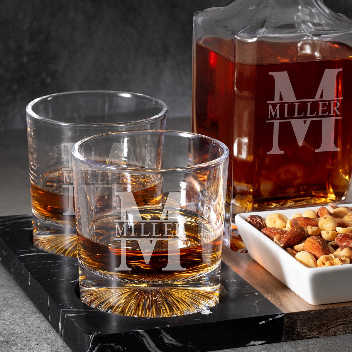 Marble Serving Tray w/ Personalized Whiskey Decanter & Churchill Glasses close up shot