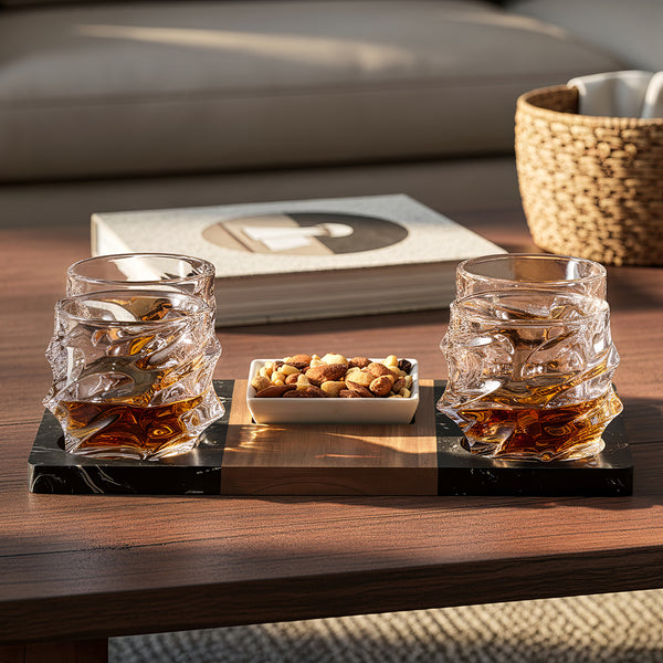 Winslow Cocktail Serving Tray & Sculpted Whiskey Glasses with nuts in a living room setting