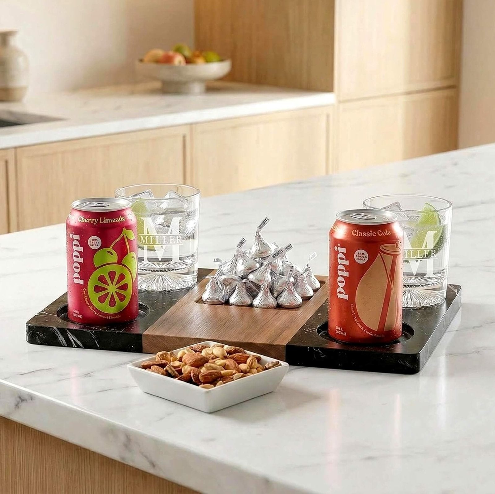 Winslow Liquor Serving Marble Tray w/ Bowl - Marble & Wood with drinks, chocolates and nuts