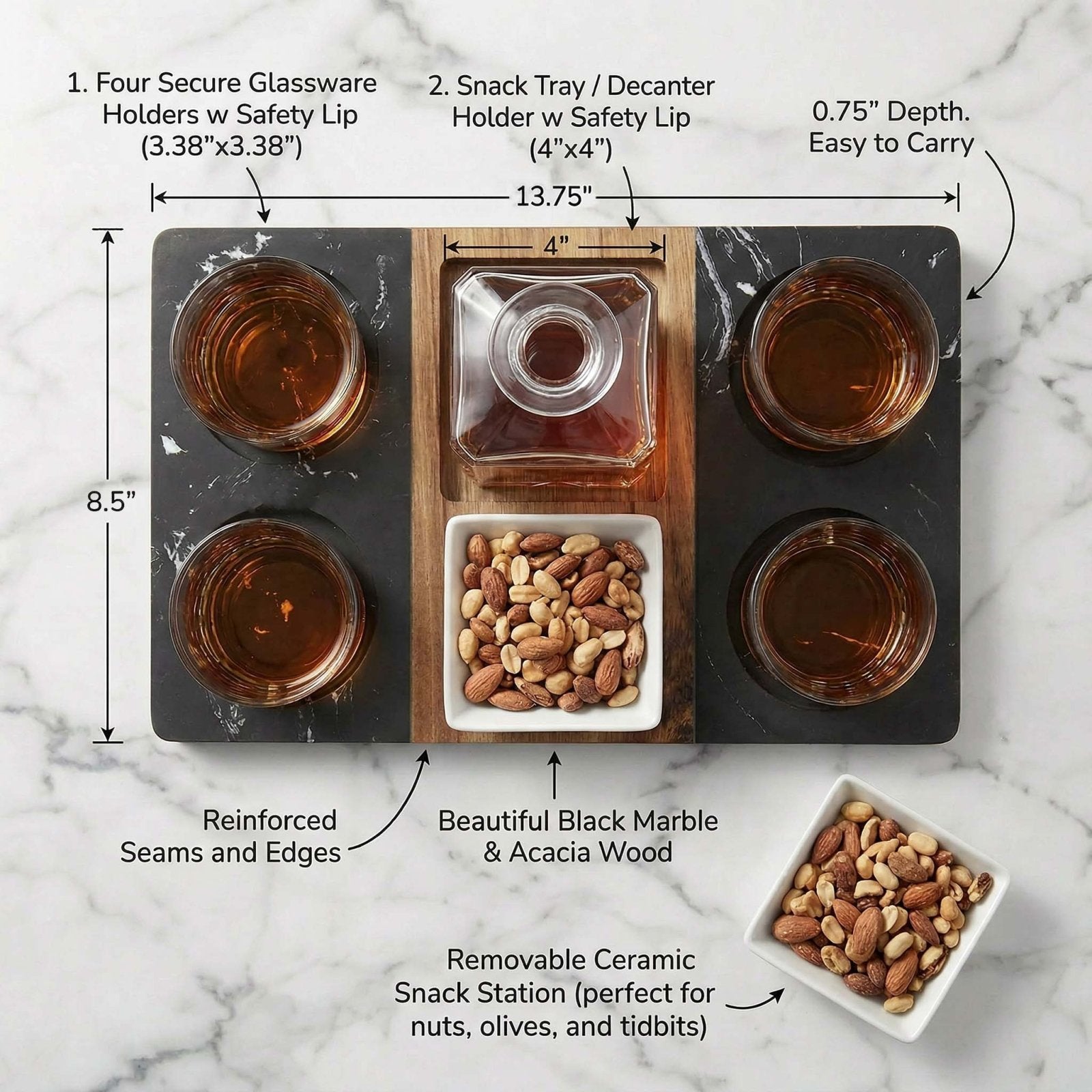 Infographics of Winslow Serving Tray w/ Bowl - Marble & Wood with liquor and snacks