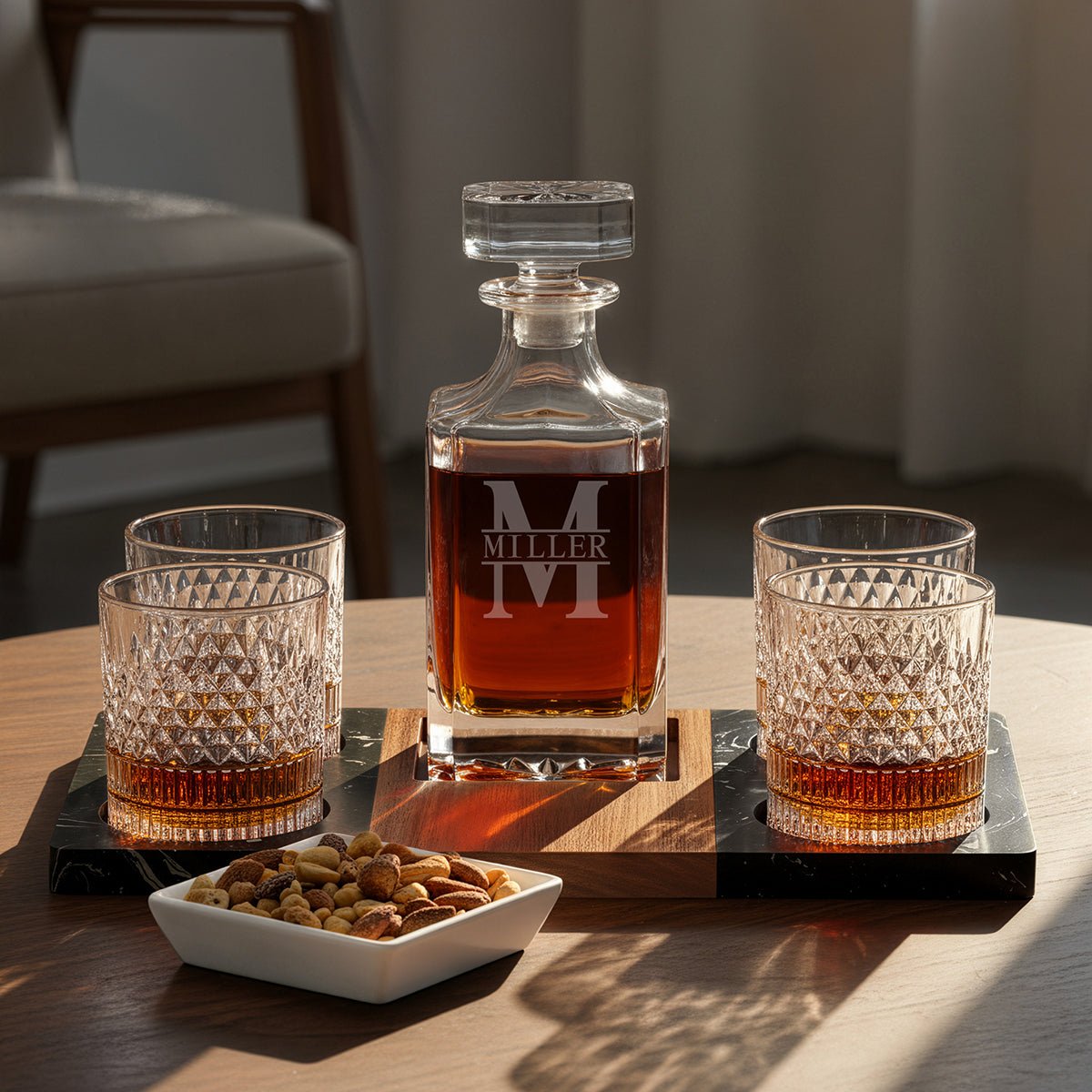 Winslow Whiskey Gift Set - Marble Tray w/ Carson Decanter & Truman Glasses in a living room table setting