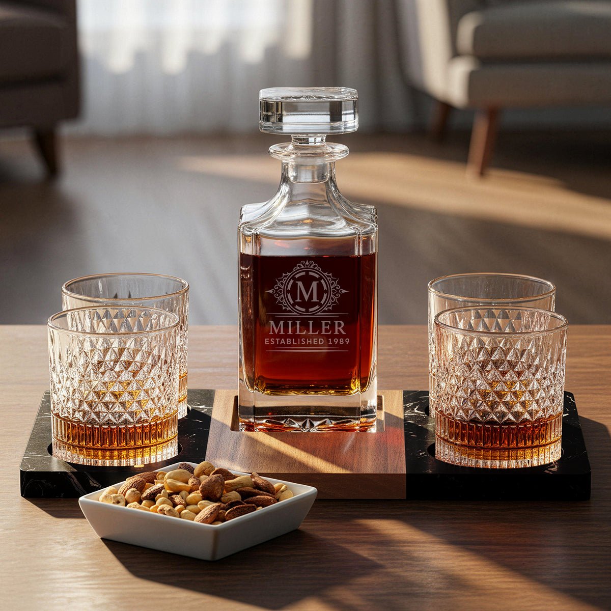 Winslow Whiskey Gift Set - Marble Tray w/ Carson Decanter & Truman Glasses in a living room set up