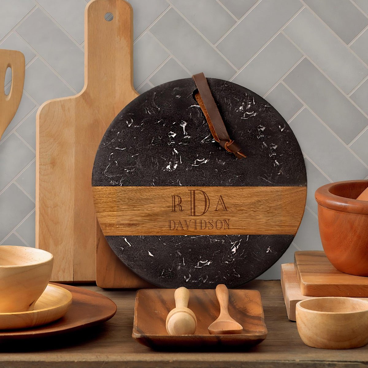 Winslow Wood and Marble Personalized Charcuterie Board, Black