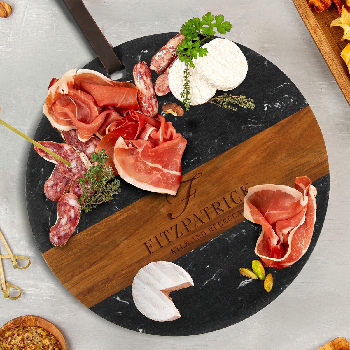 Winslow Wood and Marble Personalized Charcuterie Board, Black