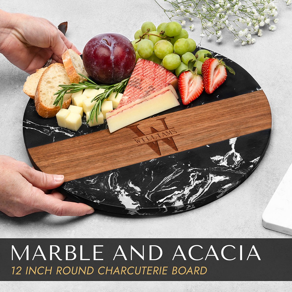Winslow Wood and Marble Personalized Charcuterie Board, Black