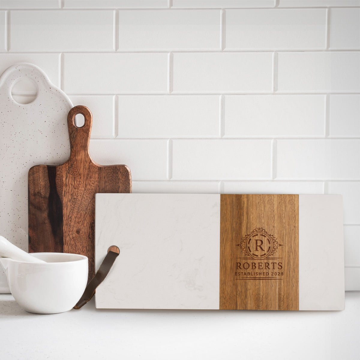 Winslow Wood and Marble Personalized Cheese Board, White
