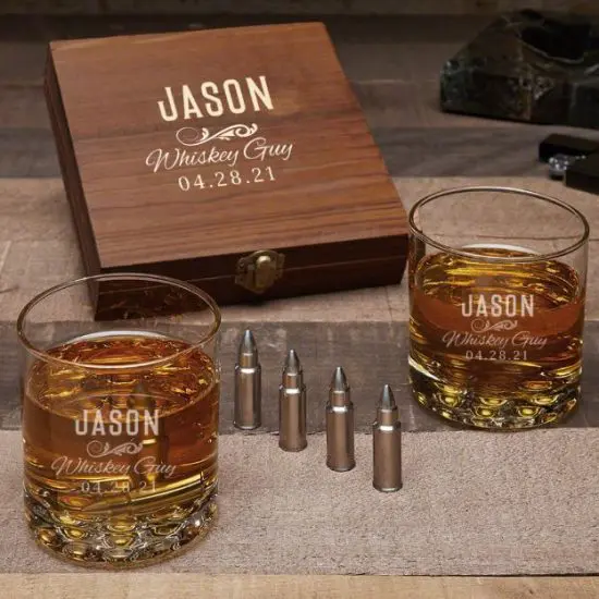 Engraved Set of Bullet Whiskey Stones and Rocks Glasses