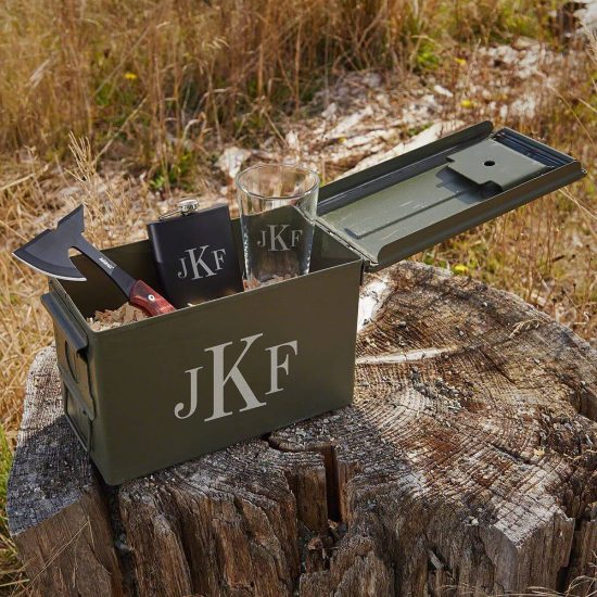 Ammo can with personalized hatchet, flask, and glass