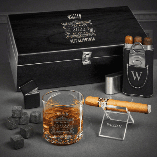 Engraved Rocks Glass and Cigar Case Box Set