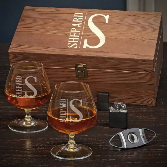 Engraved Cognac Glasses with Cigar Accessories