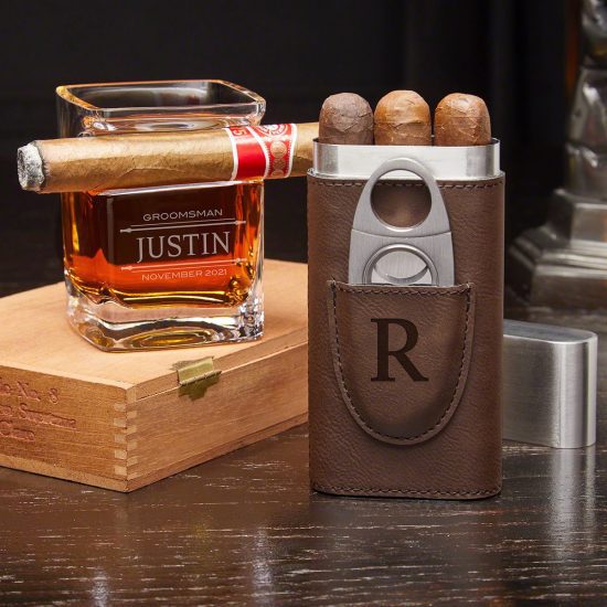 Engraved Cigar Glass and Case Set