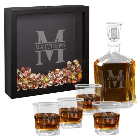 Cigar Band Shadow Box and Whiskey Decanter Glass Best Man Gift Set