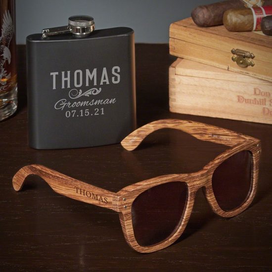 Engraved Flask and Bamboo Sunglass Set