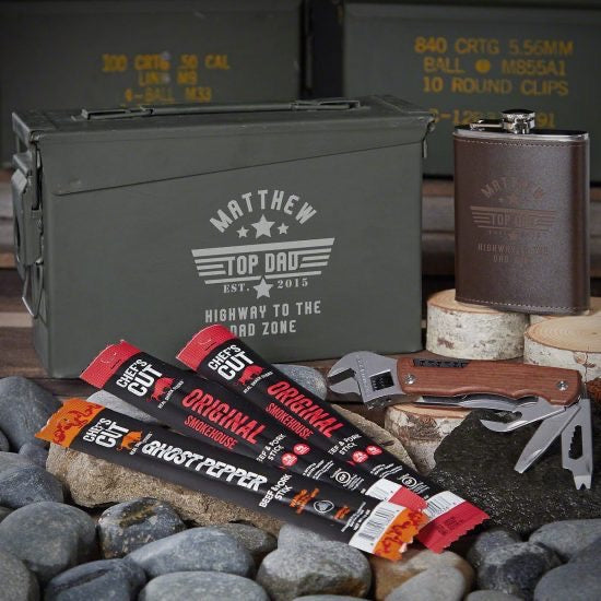 Custom ammo Can with Beef Jerky and Multi Tool