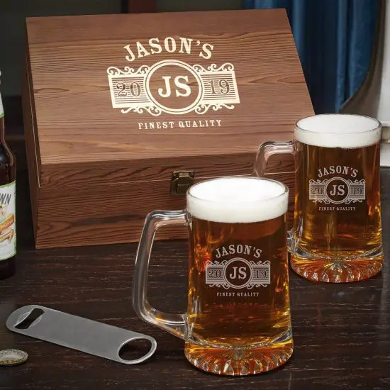 Set of Two Personalized Beer Mugs with Bottle Opener