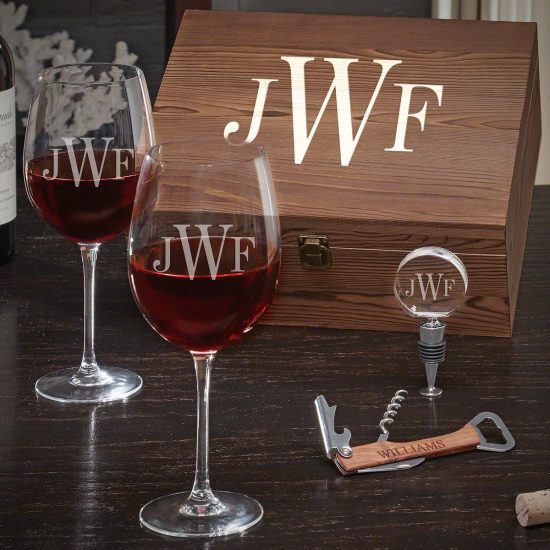 Monogrammed Wine Glass Set with Corkscrew