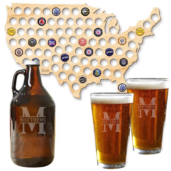 Beer Cap Map and Custom Growler Gift Set