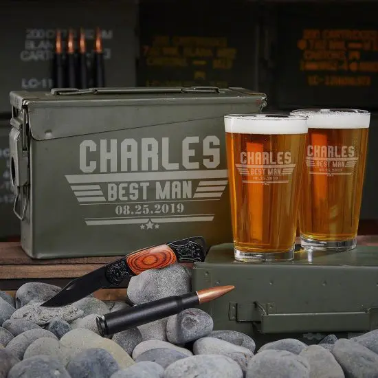 Practical Groomsmen Gifts are Pint Glass Ammo Can Sets