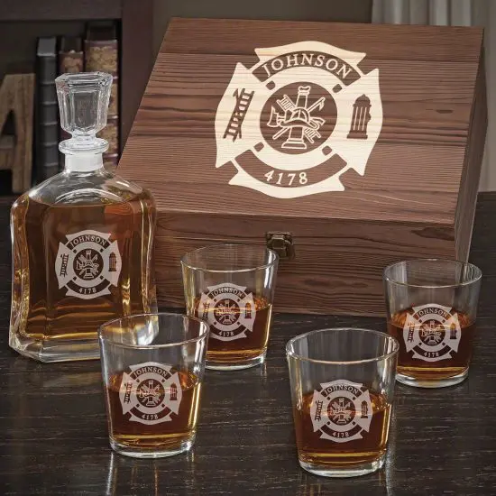 Whiskey Decanter Box Set of Gifts for Firefighters