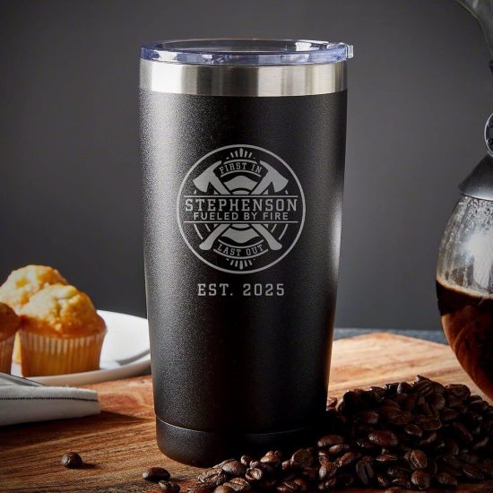 Black coffee tumbler with personalized firefighter badge