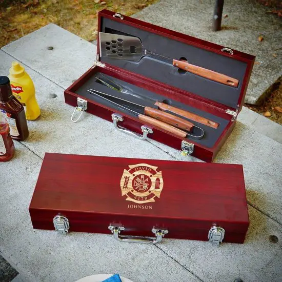 Personalized grill accessories with firefighter badge engraving