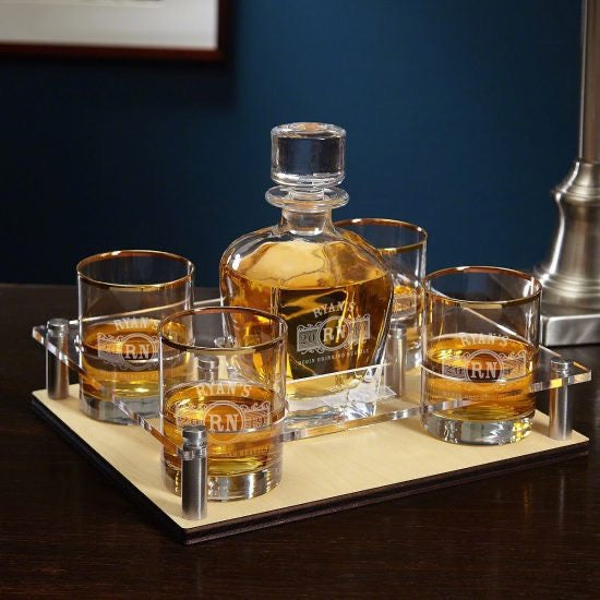 Gold Rim Whiskey Serving Tray Set