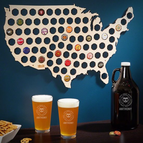 Beer Cap Map, Pint Glasses, & Growler for Bearded College Students