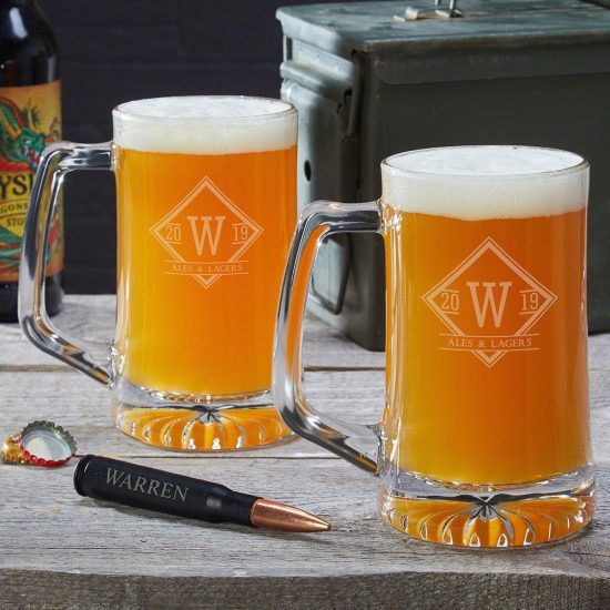 Set of Two Personalized Beer Mugs and Bullet Bottle Opener