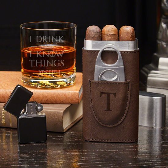 Custom Cigar Case Gift Set with Rocks Glass