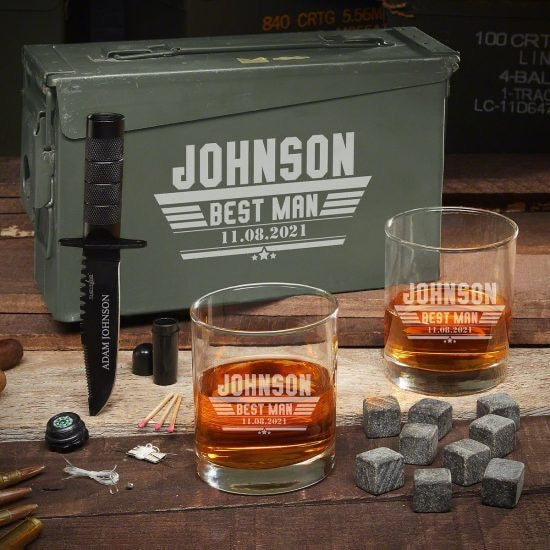 Custom Whiskey Ammo Can Gift Set with Survival Knife - Manly Gift for Husband