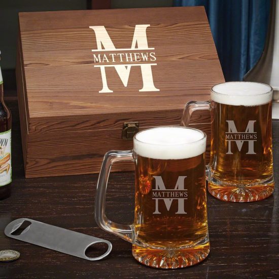 Set of Two Beer Mugs and Bottle Opener Box Set