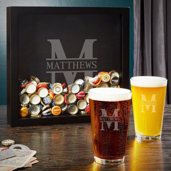 Engraved Shadow Box and Pint Glasses