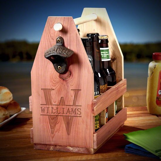 Personalized Wooden Beer Caddy with Cast Iron Bottle Opener