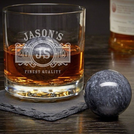 Personalized Whiskey Glass with Two Rock Spheres